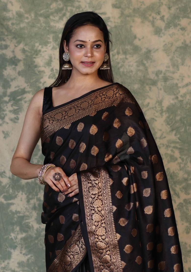 Black Woven Silk Blend Saree Set - Indya