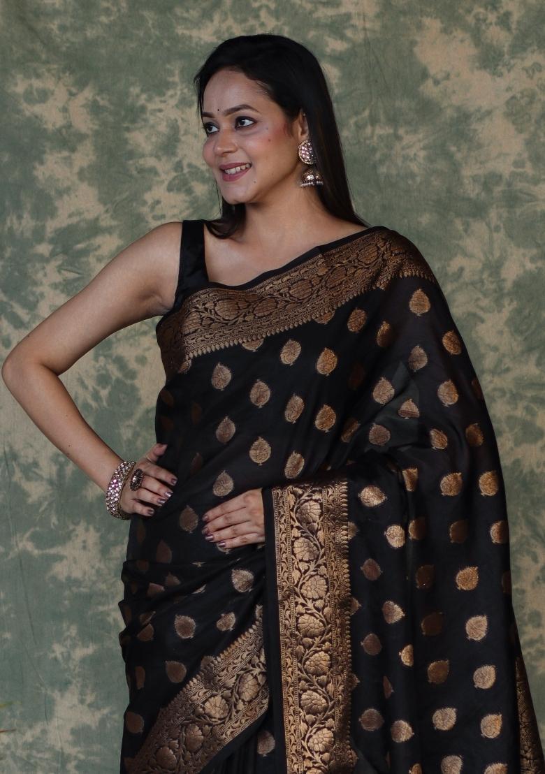Black Woven Silk Blend Saree Set - Indya