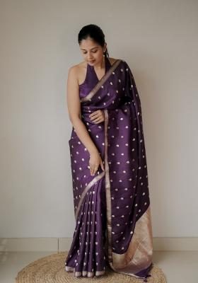 Purple Woven Silk Blend Saree Set