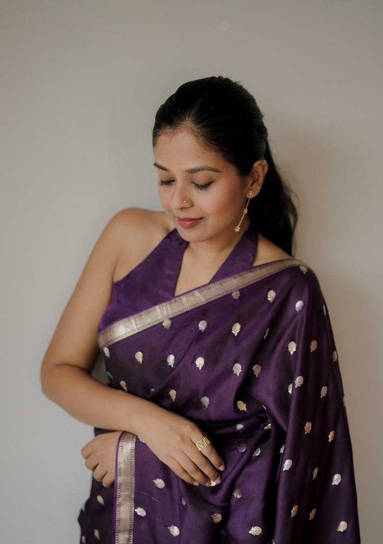 Purple Woven Silk Blend Saree Set - Indya