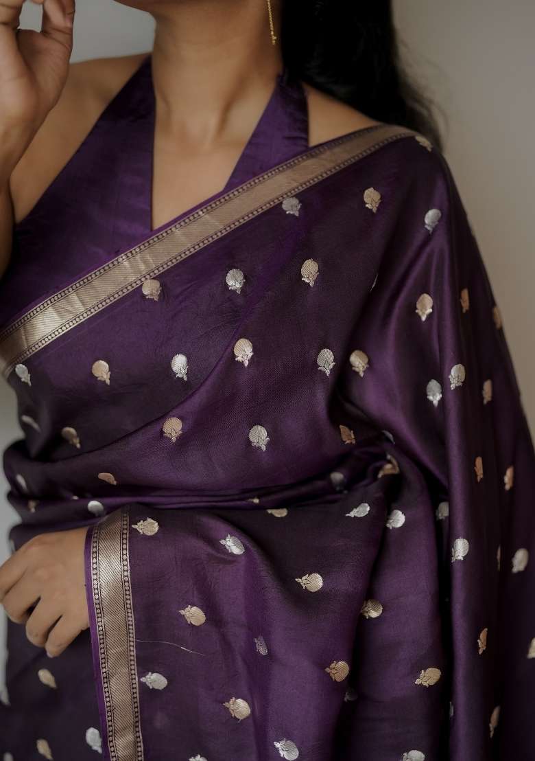 Purple Woven Silk Blend Saree Set for Diwali and Festive Wear - Indya