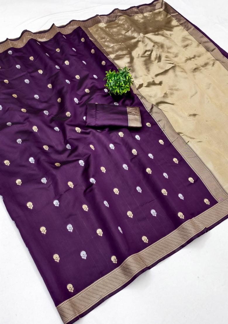 Purple Woven Silk Blend Saree Set - Indya
