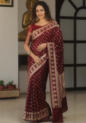 Maroon Woven Silk Blend Saree Set