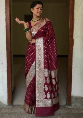 Maroon Woven Silk Blend Saree Set