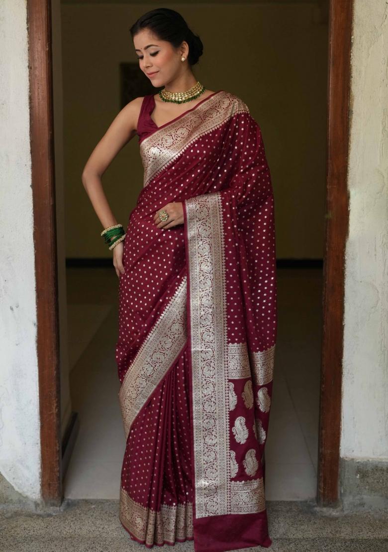 Maroon Woven Silk Blend Saree Set - Indya