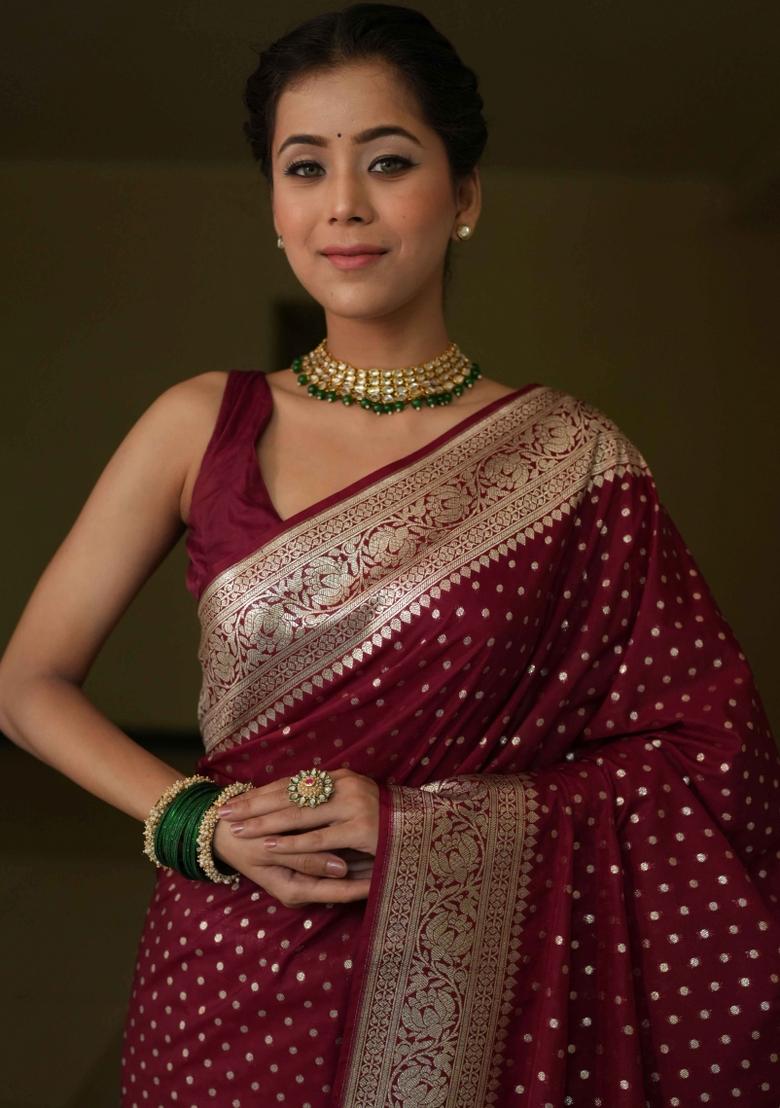 Maroon Woven Silk Blend Saree Set - Indya