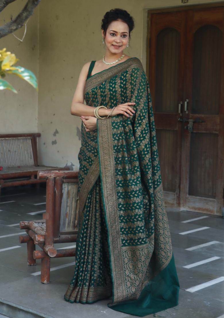 Green Woven Silk Blend Saree Set - Indya
