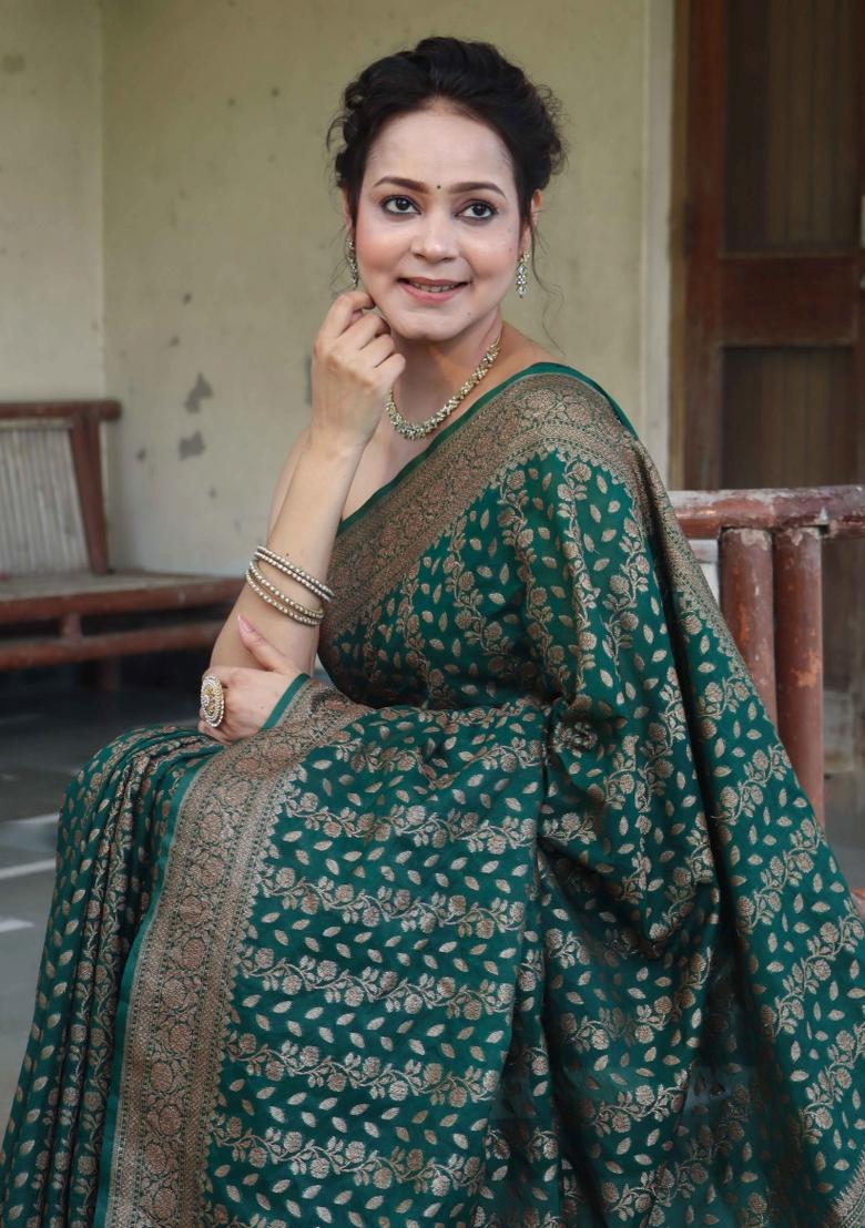 Green Woven Silk Blend Saree Set - Indya