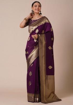 Purple Woven Silk Blend Saree Set