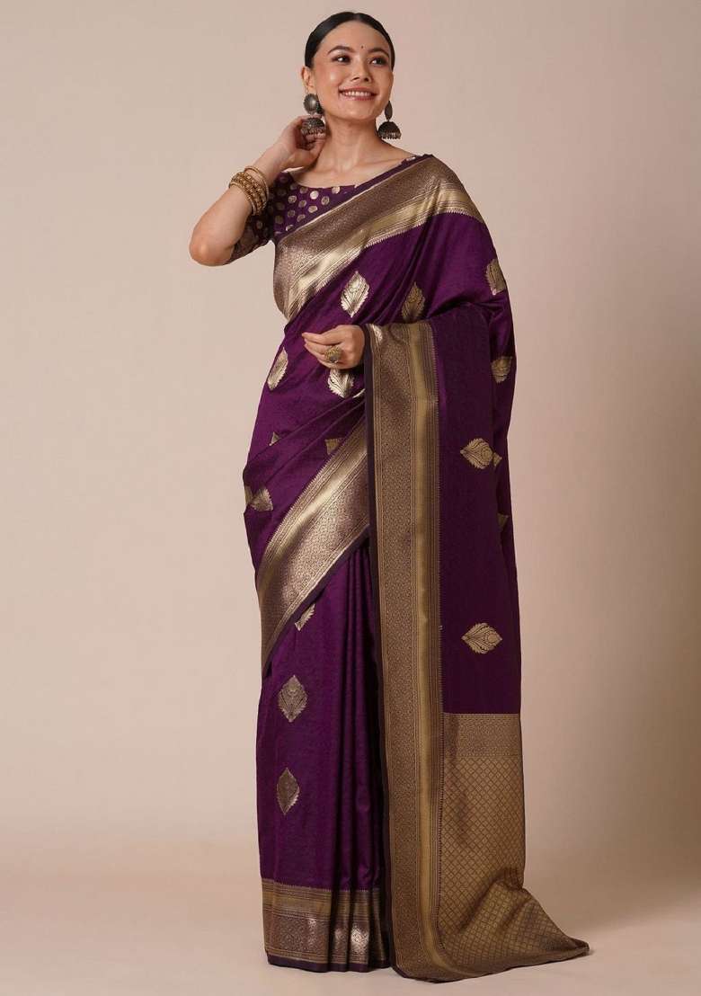 Purple Woven Silk Blend Saree Set for Diwali and Festive Wear - Indya