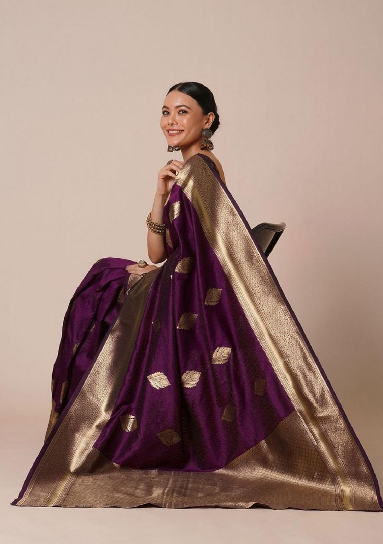 Purple Woven Silk Blend Saree Set - Indya