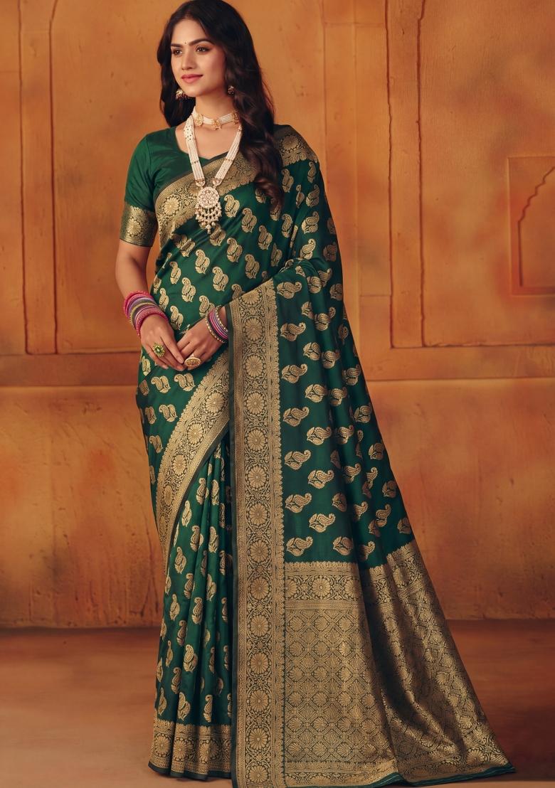 Green Woven Silk Blend Saree Set - Indya