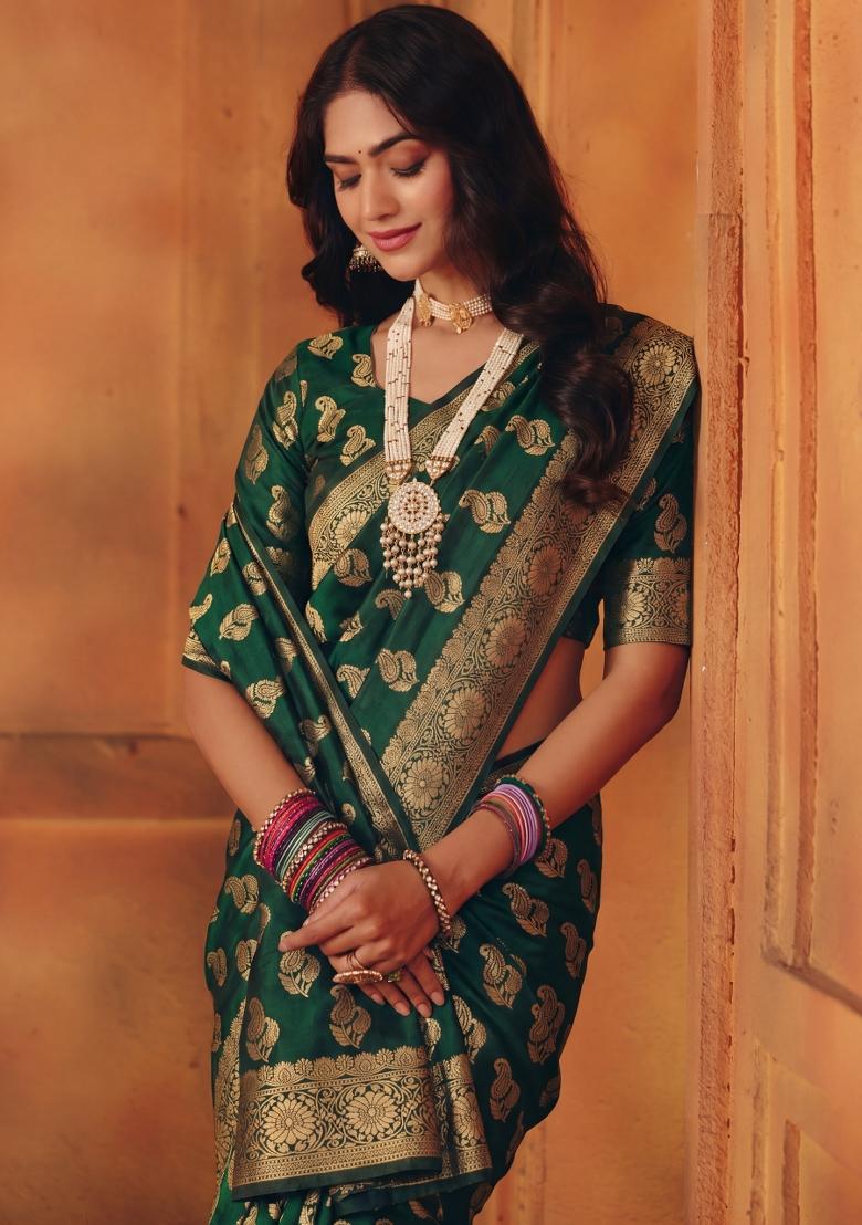 Green Woven Silk Blend Saree Set - Indya