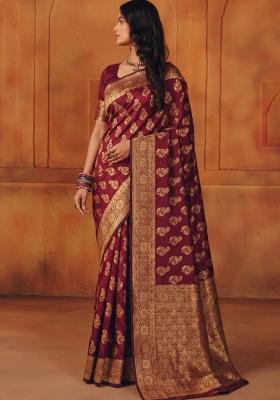 Maroon Woven Silk Blend Saree Set