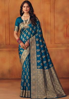Turquoise Woven Silk Blend Saree Set