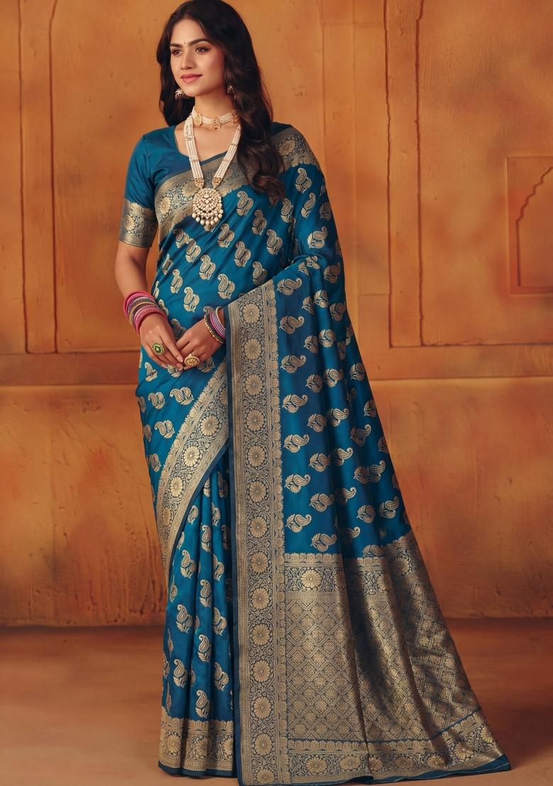 Turquoise Woven Silk Blend Saree Set - Indya