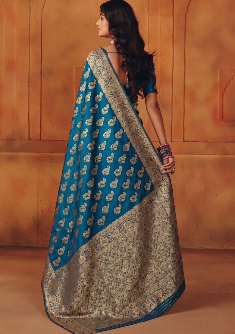 Turquoise Woven Silk Blend Saree Set for Diwali and Festive Wear - Indya