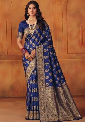 Navy Blue Woven Silk Blend Saree Set