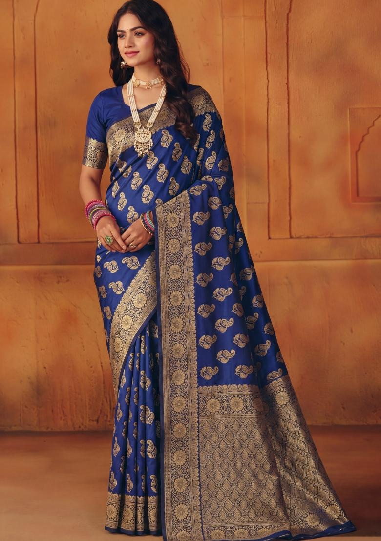 Navy Blue Woven Silk Blend Saree Set - Indya