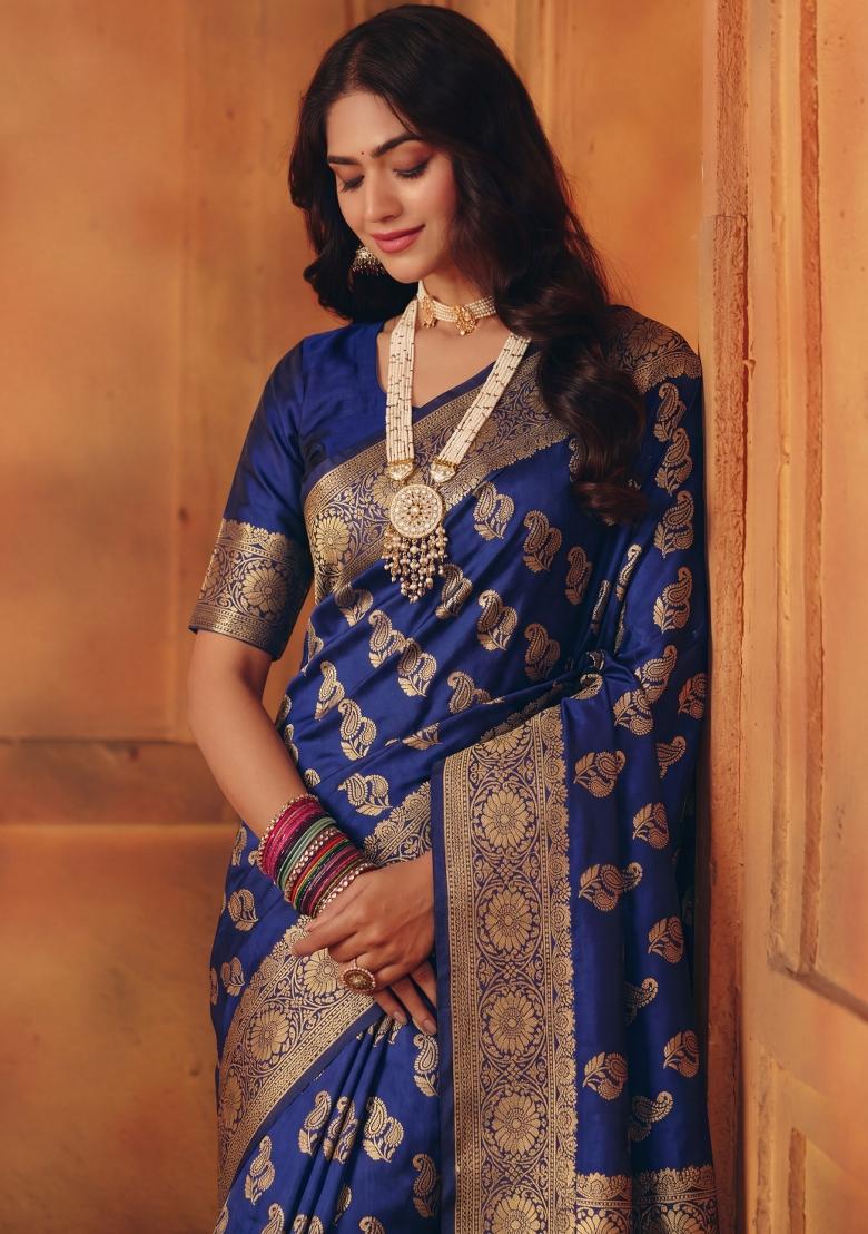 Navy Blue Woven Silk Blend Saree Set - Indya