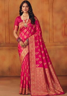 Pink Woven Silk Blend Saree Set