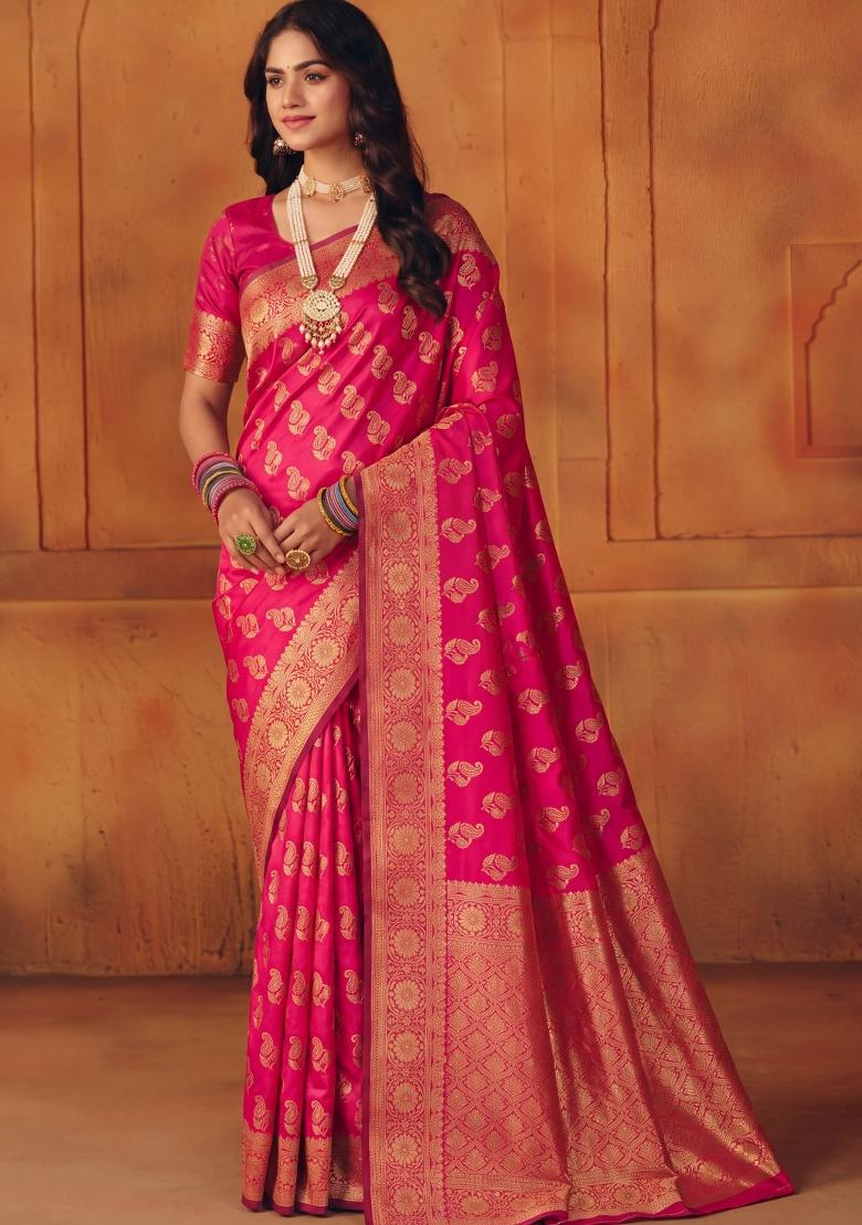 Pink Woven Silk Blend Saree Set - Indya