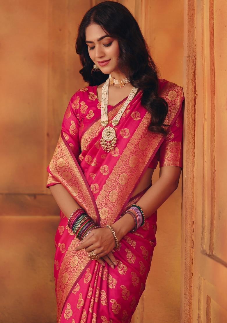 Pink Woven Silk Blend Saree Set - Indya