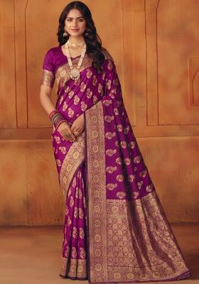Purple Woven Silk Blend Saree Set