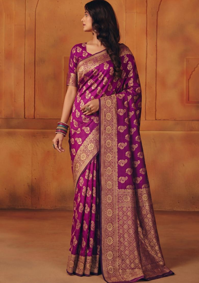 Purple Woven Silk Blend Saree Set - Indya