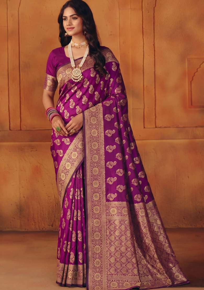 Purple Woven Silk Blend Saree Set for Diwali | Wedding & Festive Wear - Indya