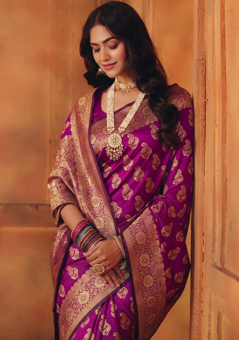 Purple Woven Silk Blend Saree Set - Indya