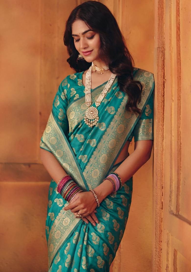 Turquoise Woven Silk Blend Saree Set - Indya