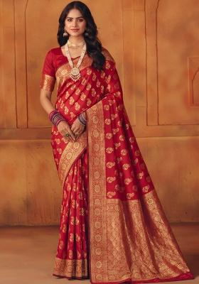 Red Woven Silk Blend Saree Set