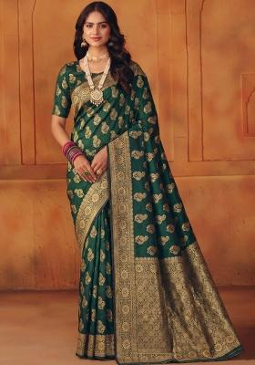 Green Woven Silk Blend Saree Set