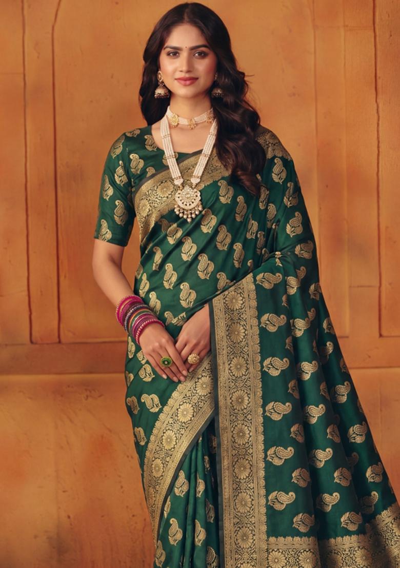 Green Woven Silk Blend Saree Set - Indya