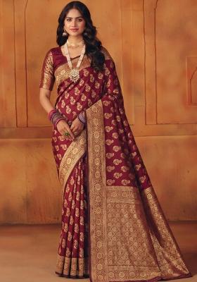 Maroon Woven Silk Blend Saree Set