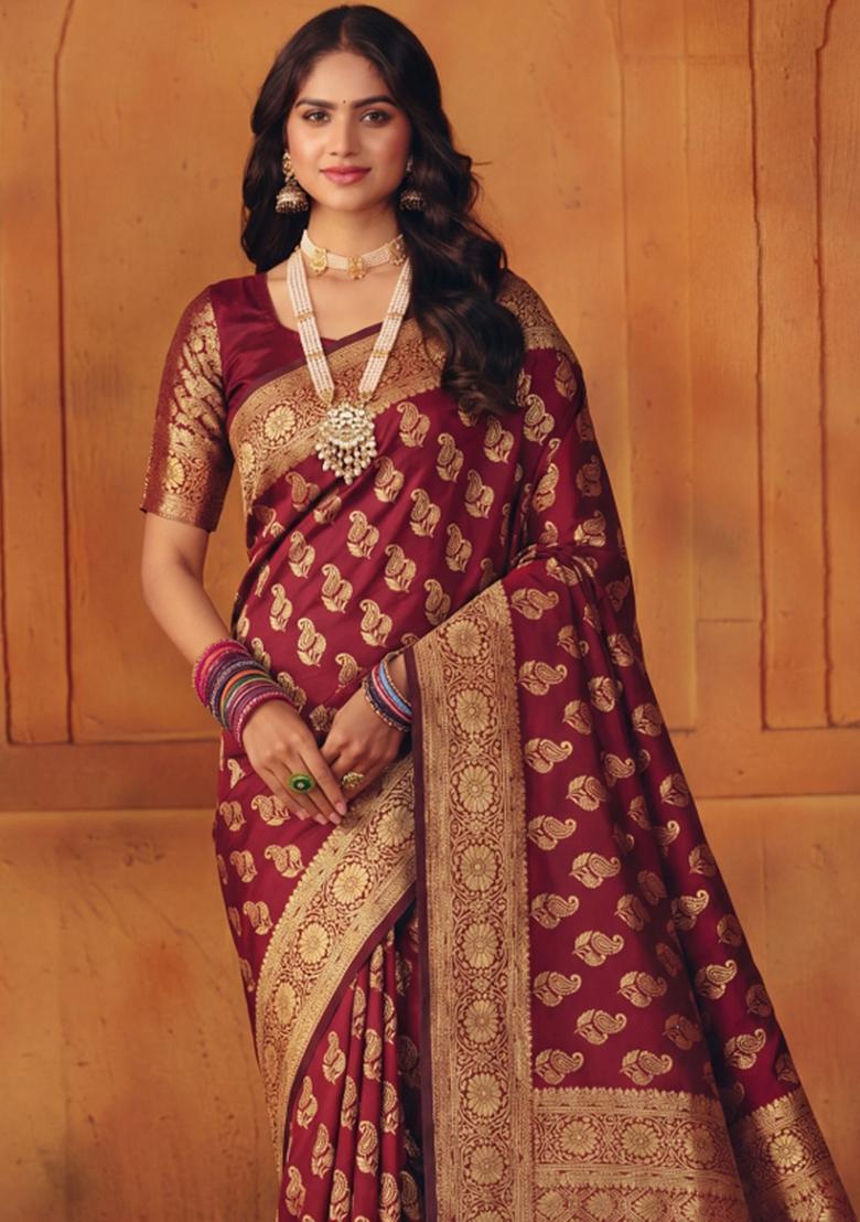 Maroon Woven Silk Blend Saree Set - Indya
