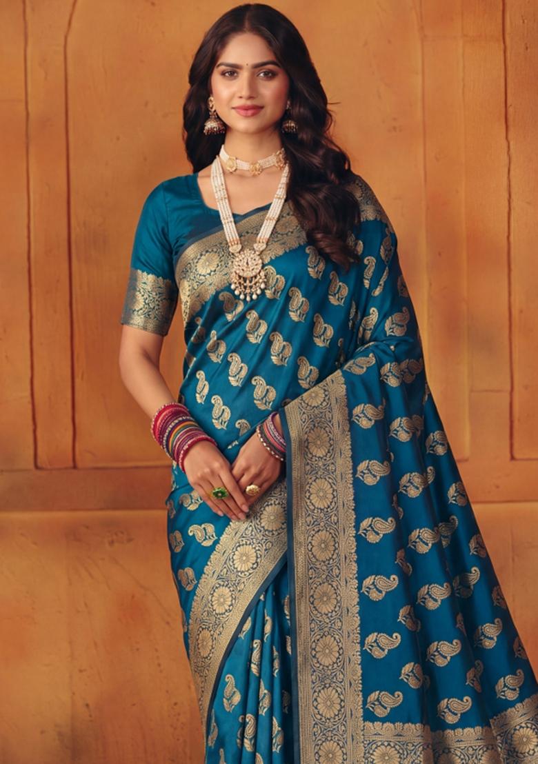 Turquoise Woven Silk Blend Saree Set - Indya