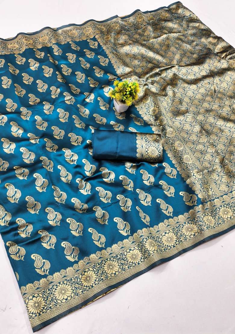 Turquoise Woven Silk Blend Saree Set for Diwali and Festive Wear - Indya