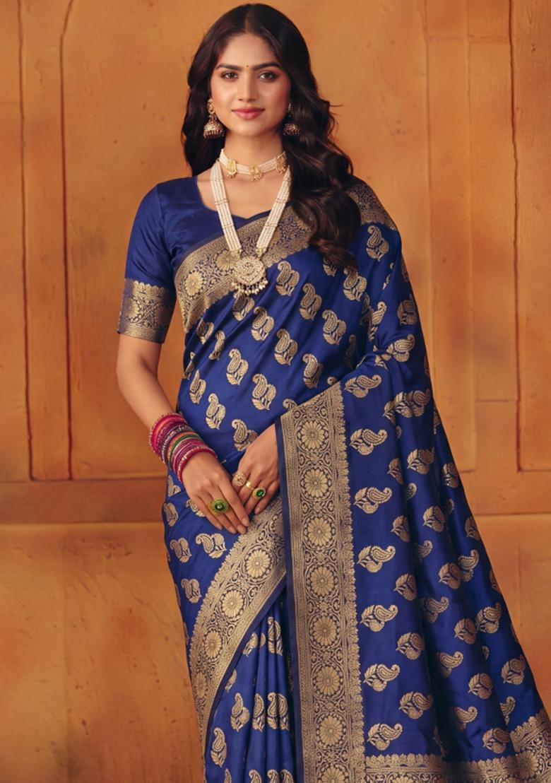 Navy Blue Woven Silk Blend Saree Set - Indya