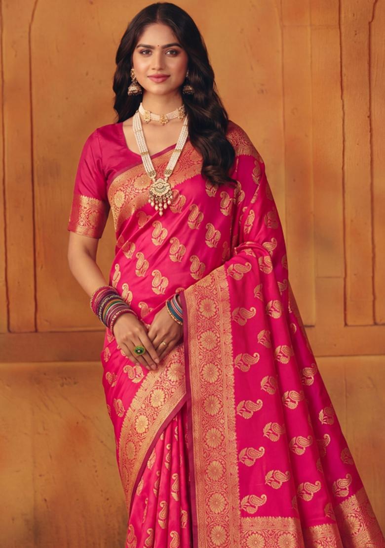 Pink Woven Silk Blend Saree Set - Indya