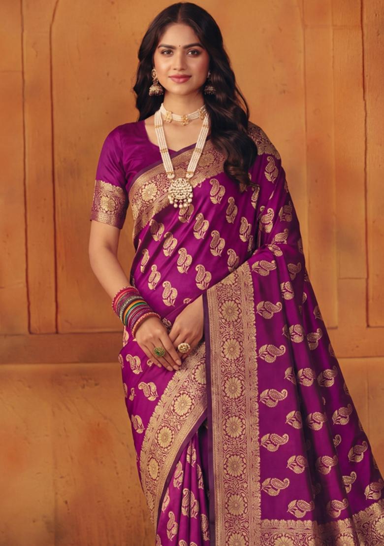 Purple Woven Silk Blend Saree Set - Indya