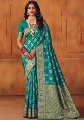 Turquoise Woven Silk Blend Saree Set