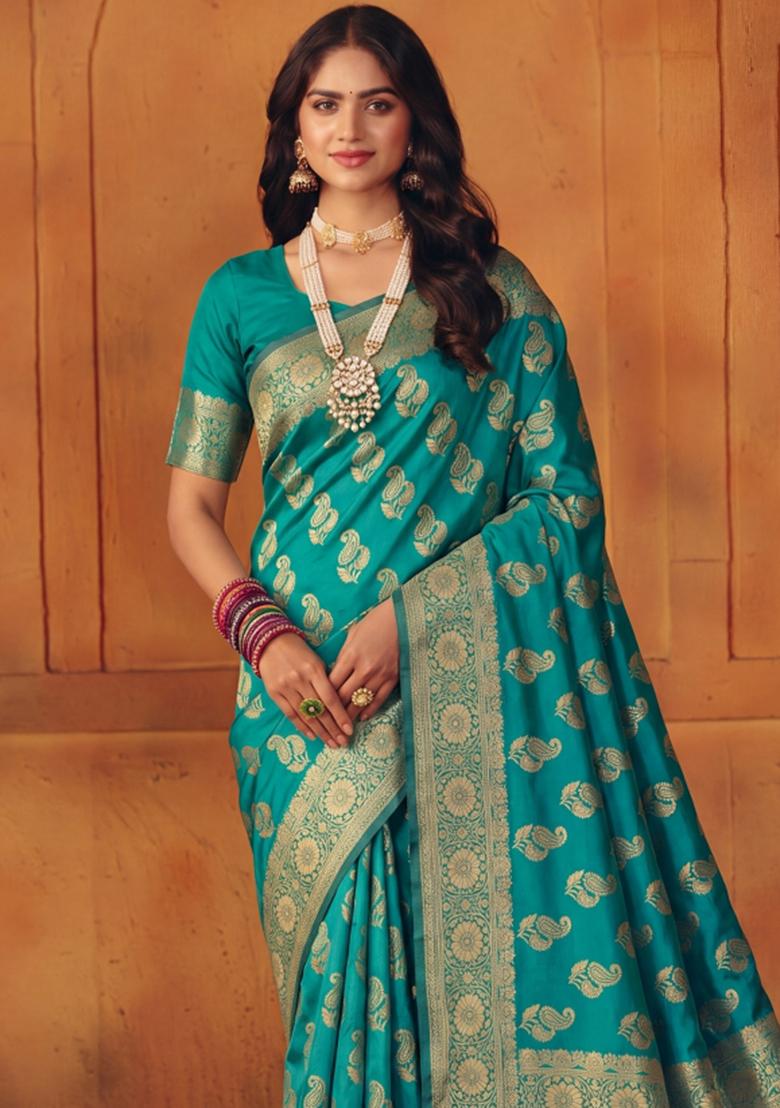 Turquoise Woven Silk Blend Saree Set - Indya