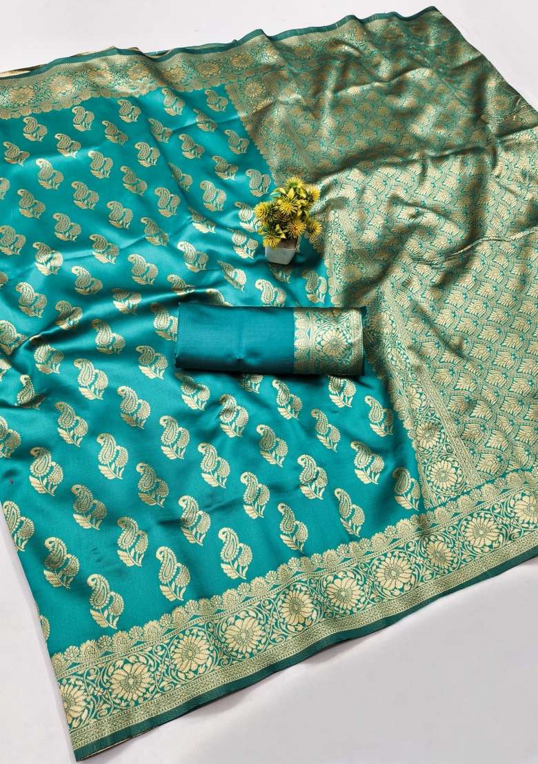 Turquoise Woven Silk Blend Saree Set for Diwali | Wedding & Festive Wear - Indya
