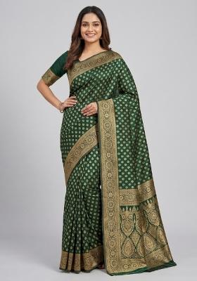Green Woven Silk Blend Saree Set