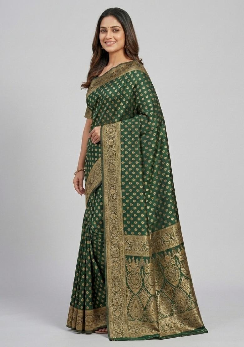 Green Woven Silk Blend Saree Set - Indya