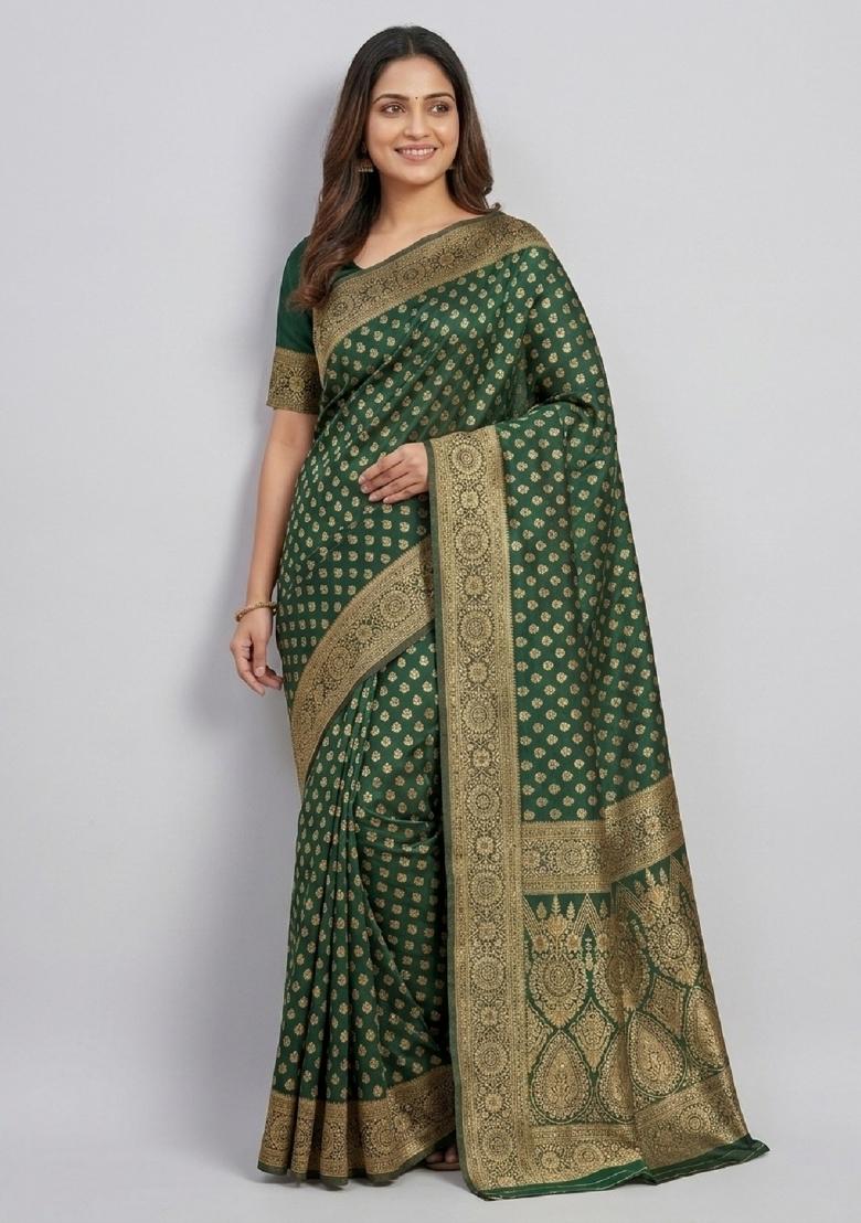 Green Woven Silk Blend Saree Set - Indya
