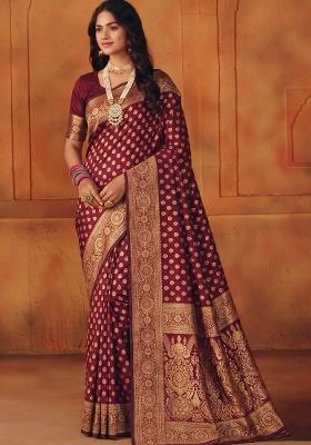 Maroon Woven Silk Blend Saree Set