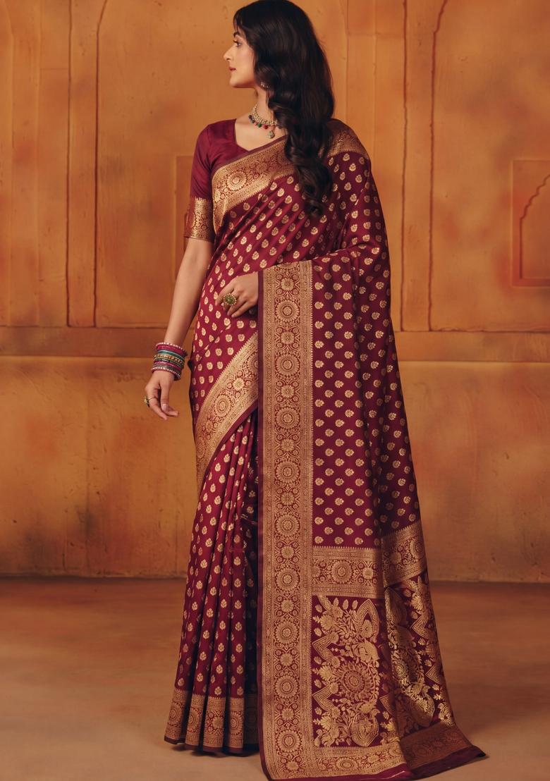 Maroon Woven Silk Blend Saree Set - Indya